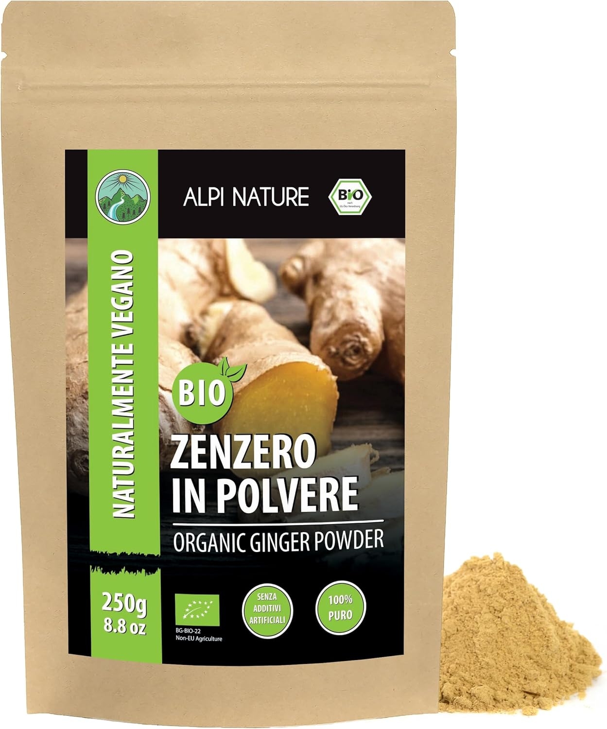 Alpi Nature Zenzero in Polvere BIO 250g, Polvere di Radice di Zenzero Essiccata e Macinata per Cucina