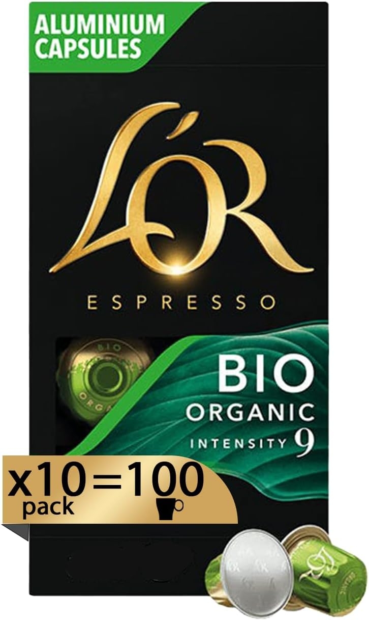 L'Or - Capsule Caffè Espresso Bio Organic - 100 Capsule in Alluminio - Intensità 9 - Compatibili con Macchine Nespresso - 10 Confezioni da 10 Capsule