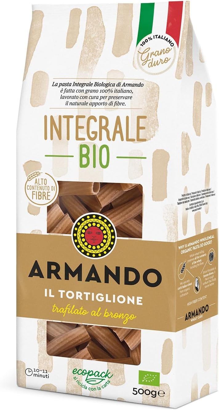 Armando, Il tortiglione Integrale BIO 500g – Pasta Integrale Bio di Grano Duro 100% Italiano, Trafilata al Bronzo, Ricca di Fibre, Ecopack Riciclabile - 12 Confezioni da 500 g (Totale 6 kg)