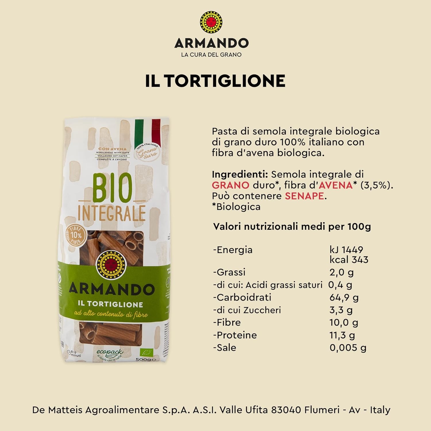 Armando, Il tortiglione Integrale BIO 500g – Pasta Integrale Bio di Grano Duro 100% Italiano, Trafilata al Bronzo, Ricca di Fibre, Ecopack Riciclabile - 12 Confezioni da 500 g (Totale 6 kg) - immagine 19