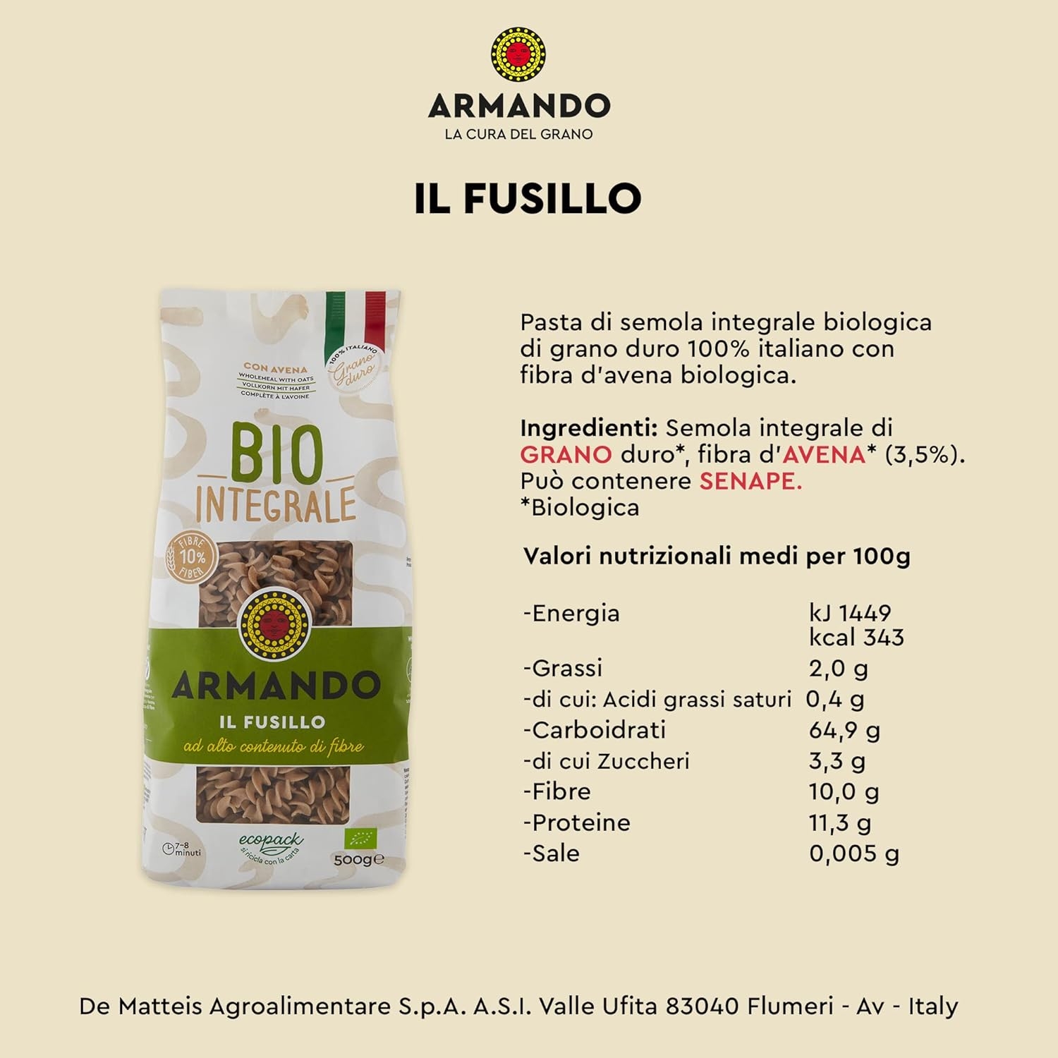 Armando, Il tortiglione Integrale BIO 500g – Pasta Integrale Bio di Grano Duro 100% Italiano, Trafilata al Bronzo, Ricca di Fibre, Ecopack Riciclabile - 12 Confezioni da 500 g (Totale 6 kg) - immagine 22