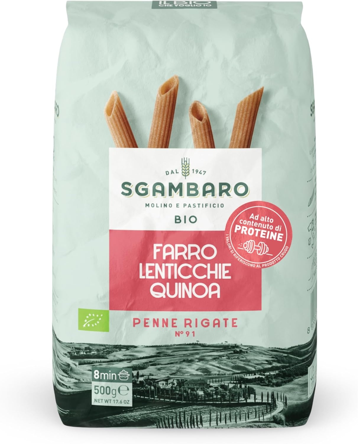 Sgambaro Pasta Bio Penne Rigate N.91 - 500 g con Farina di Farro, Farina di Lenticchie e Farina di Quinoa - Ricche di Proteine e con Basso Indice Glicemico