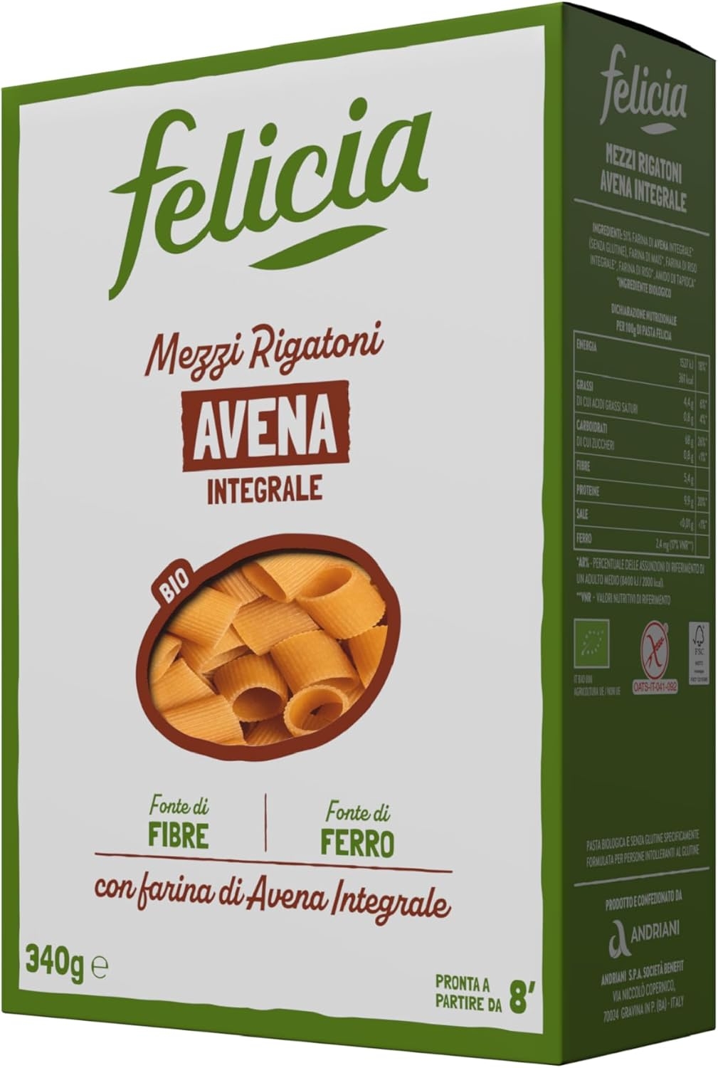 Felicia Mezzi Rigatoni con Avena Integrale Pasta Biologica, Confezione da 340 g