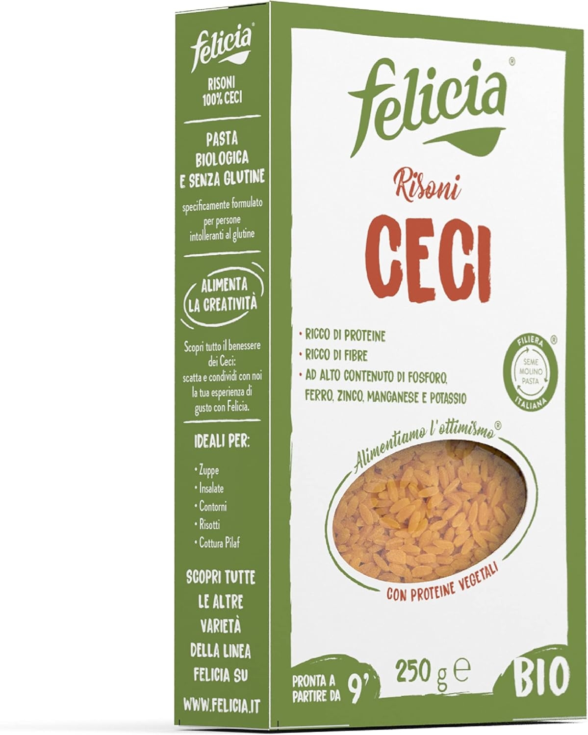Felicia, Risoni di Ceci Bio, Pasta Biologica Ricca di Proteine, di Fibre e Sali Minerali, Alto Contenuto di Fosforo, Ferro e Zinco, Senza Glutine, Vegan, Confezione da 250 g