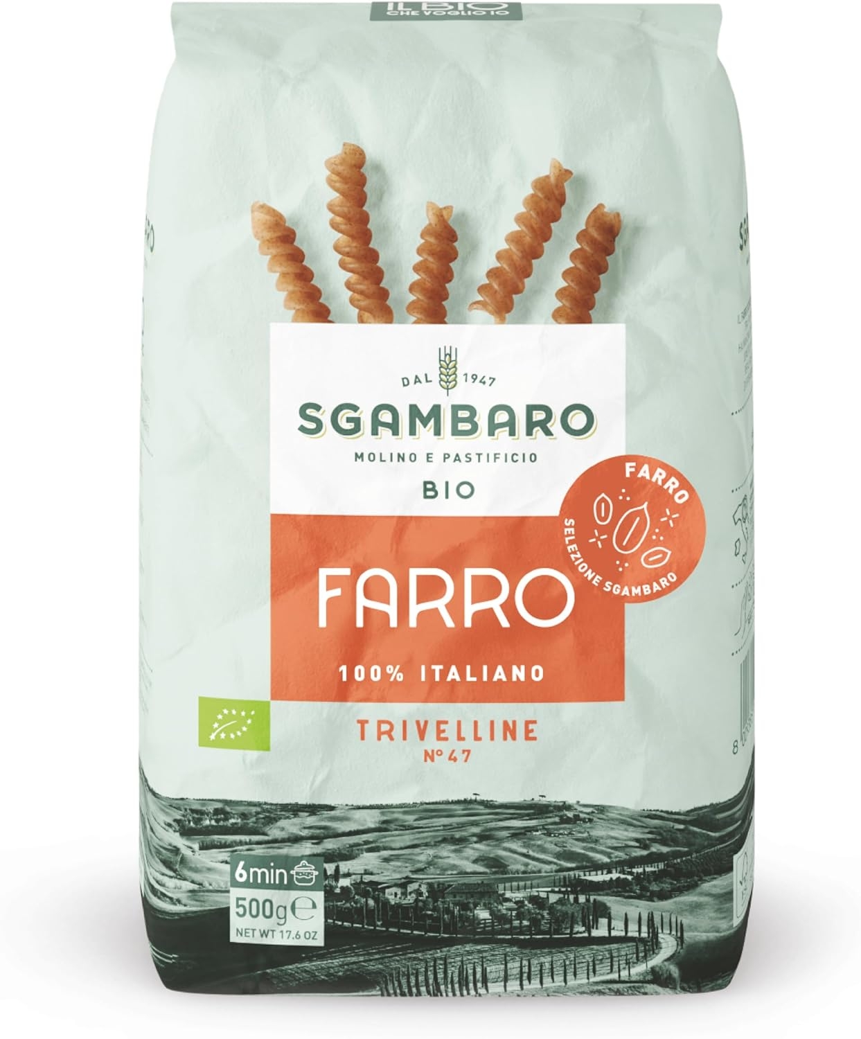 Sgambaro Pasta di Farro Selezione Bio Trivelline N.47 - 500g Pasta Farro 100% Italiana - a Basso Contenuto di Grassi, Fonte di Fibre, Proteine e Zinco - Ideale per Diete Sane e Naturali
