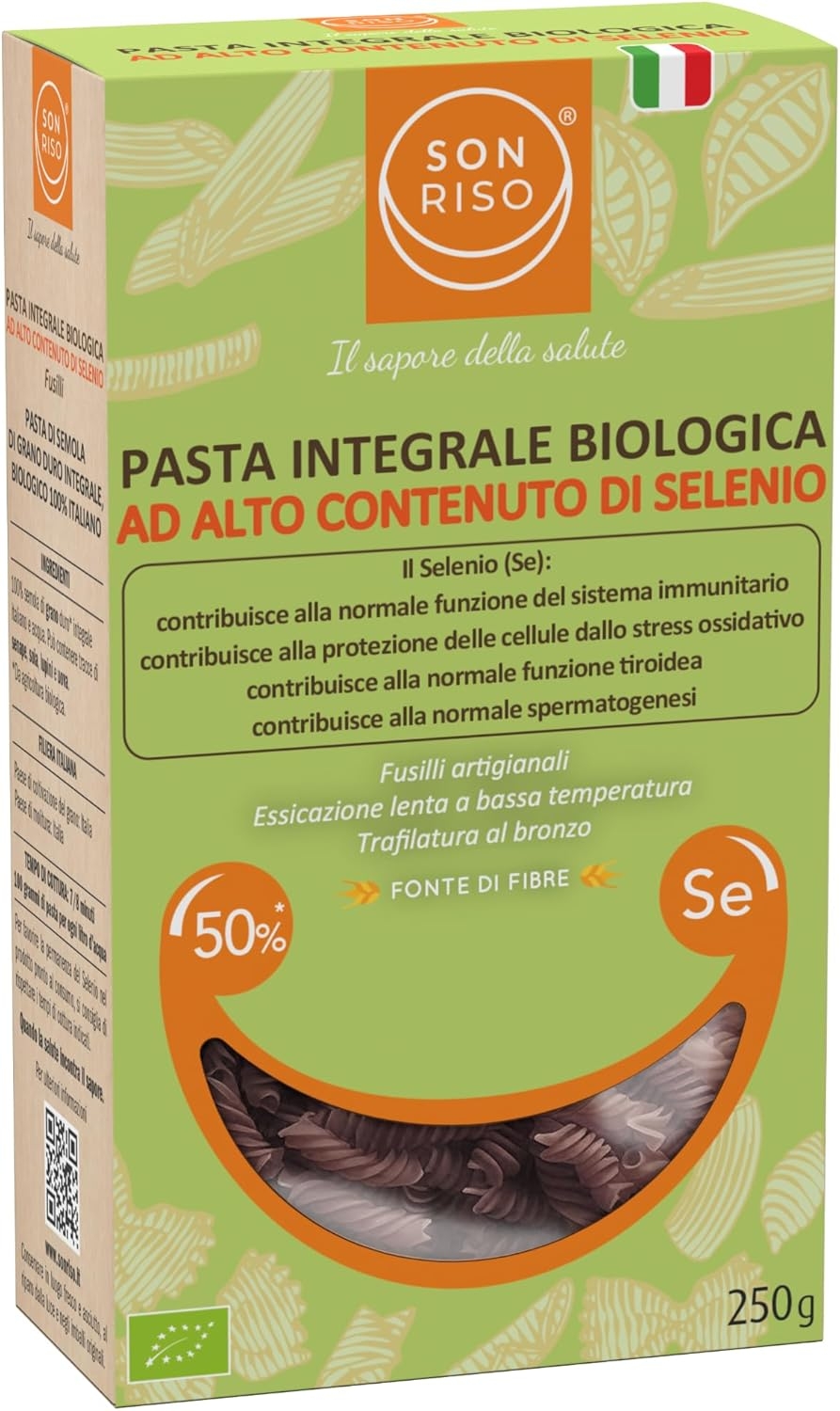 PASTA AL SELENIO INTEGRALE BIO - Pasta Artigianale Italiana Biologica al Selenio, Trafilata al Bronzo, Alto Contenuto di Selenio, Fonte di Proteine e Fibre, Alimento Funzionale, SONRISO (Fusilli-250g)
