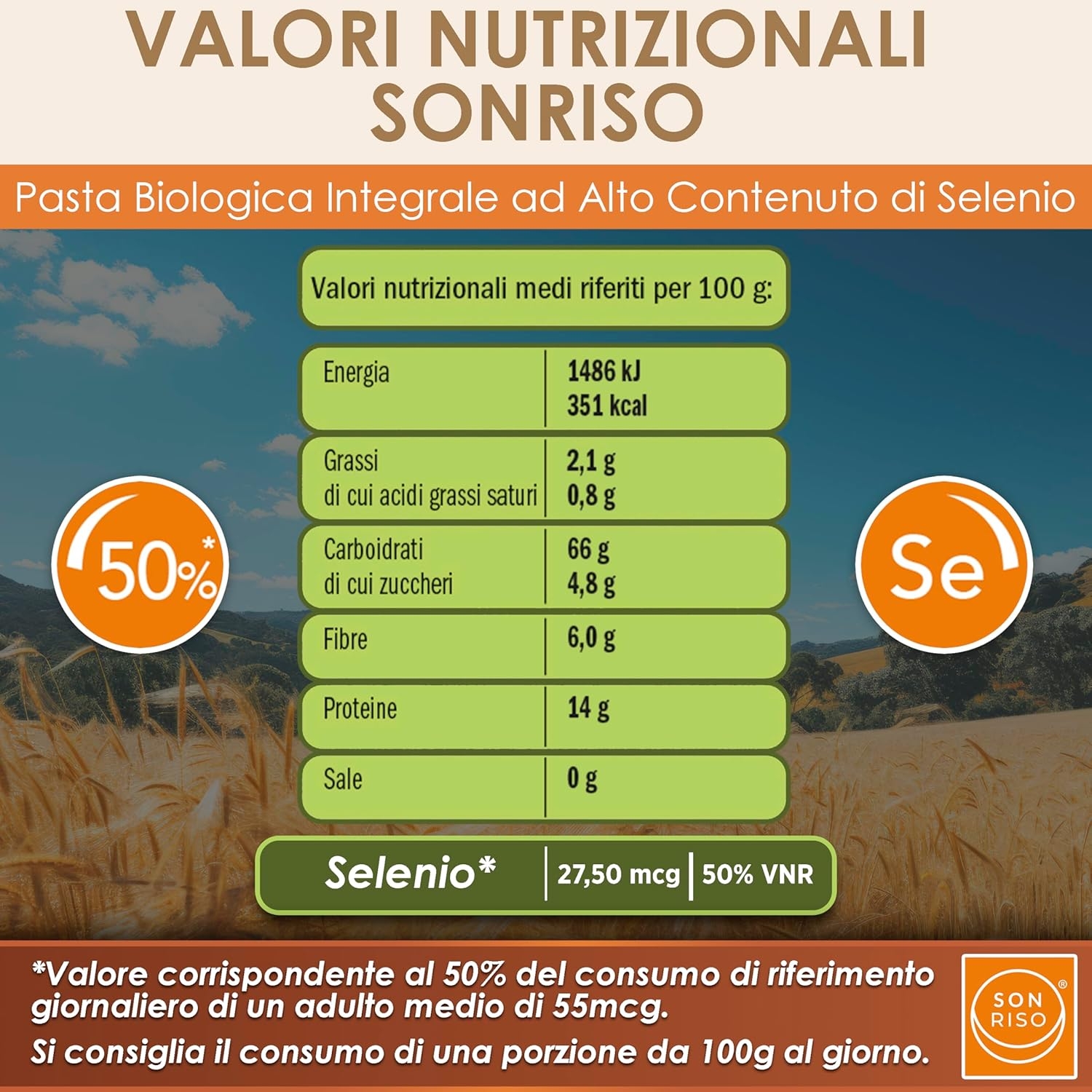 PASTA AL SELENIO INTEGRALE BIO - Pasta Artigianale Italiana Biologica al Selenio, Trafilata al Bronzo, Alto Contenuto di Selenio, Fonte di Proteine e Fibre, Alimento Funzionale, SONRISO (Fusilli-250g) - immagine 2