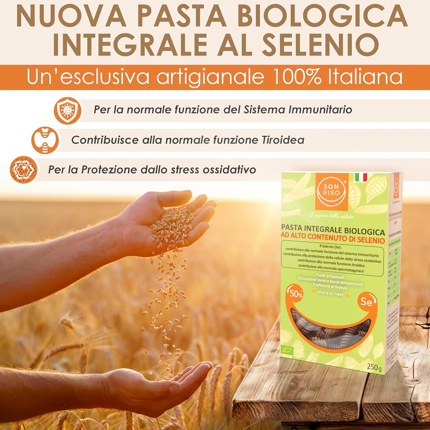 PASTA AL SELENIO INTEGRALE BIO - Pasta Artigianale Italiana Biologica al Selenio, Trafilata al Bronzo, Alto Contenuto di Selenio, Fonte di Proteine e Fibre, Alimento Funzionale, SONRISO (Fusilli-250g) - immagine 3