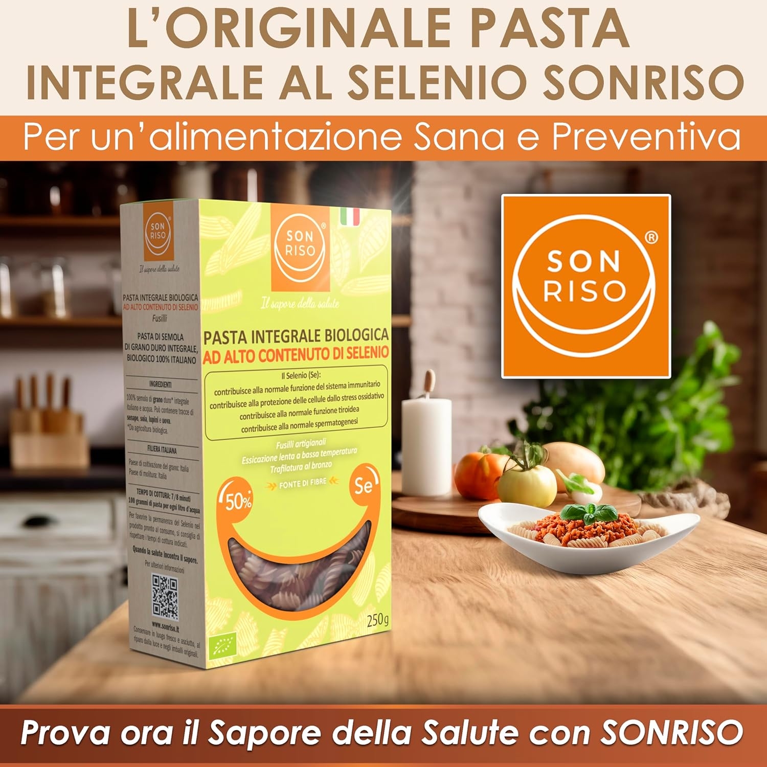 PASTA AL SELENIO INTEGRALE BIO - Pasta Artigianale Italiana Biologica al Selenio, Trafilata al Bronzo, Alto Contenuto di Selenio, Fonte di Proteine e Fibre, Alimento Funzionale, SONRISO (Fusilli-250g) - immagine 7
