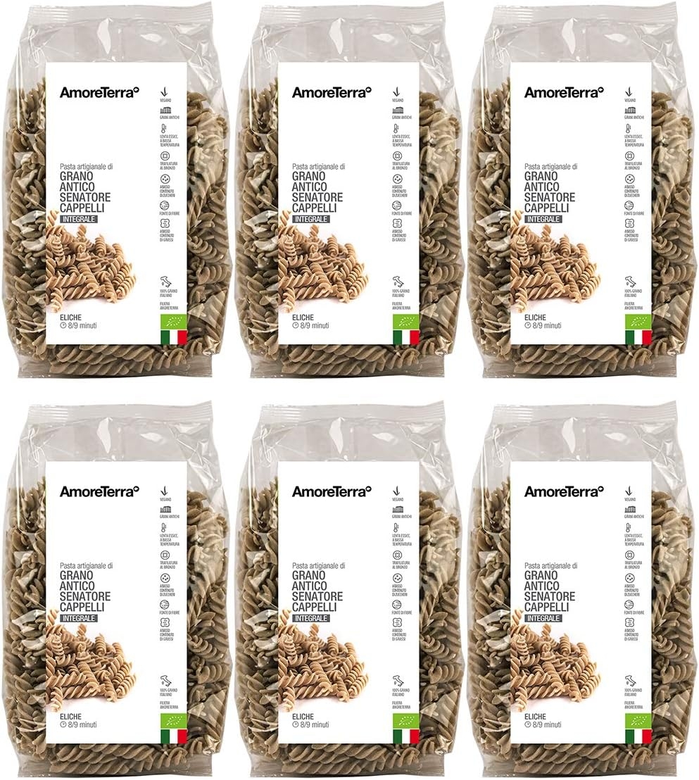 Amoreterra, (6 Pz.) Pasta Senatore Cappelli integrale Bio Eliche 500g, Grani antichi, artigianale biologica, trafila al bronzo, essiccata bassa temperatura