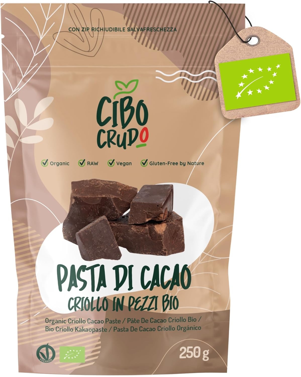 Pasta di Cacao Criollo in Pezzi Biologico - 250g. Cacao 100% Puro e Lavorato a Basse Temperature dal Perù. Contiene Antiossidanti e Minerali. Ingrediente per Dolci Biscotti e Torte.