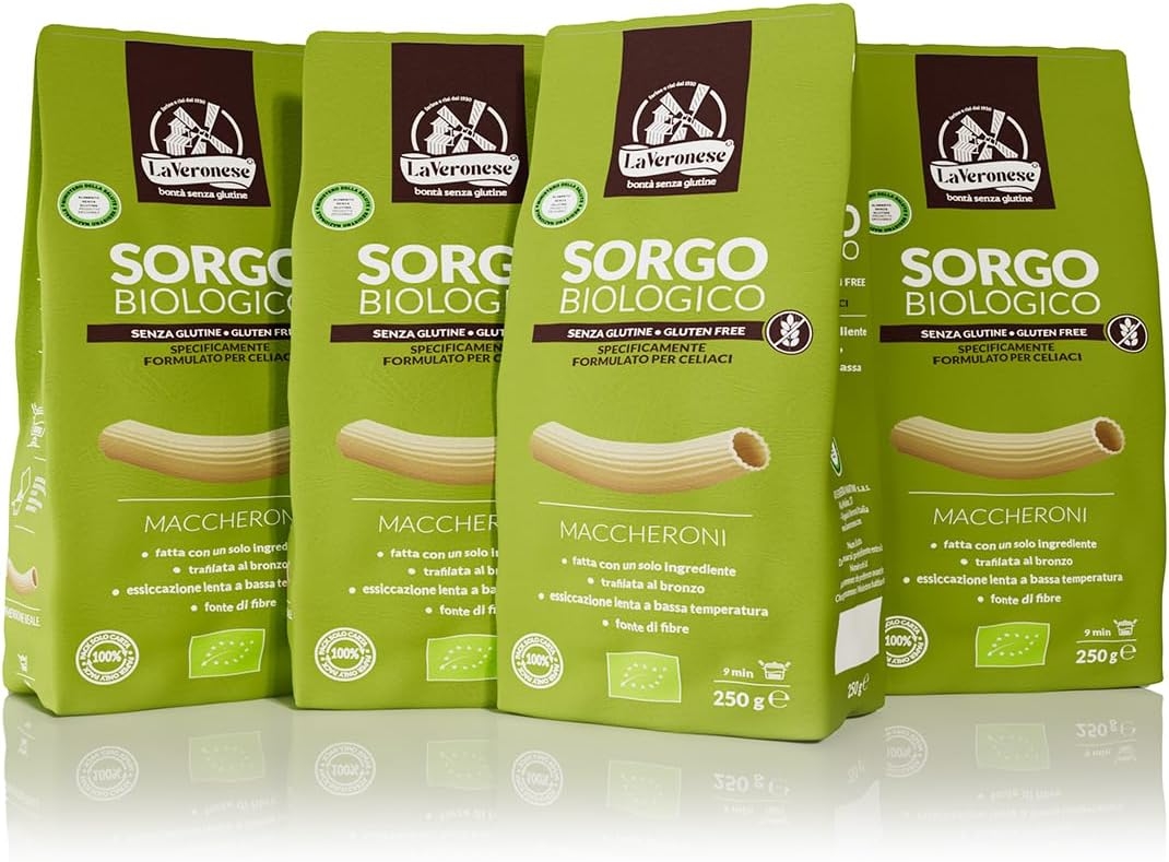 La Veronese | Pasta Senza Glutine, Maccheroni di Sorgo Deorticato BIO, Essiccazione Lenta e a Bassa Temperatura, 4x250g