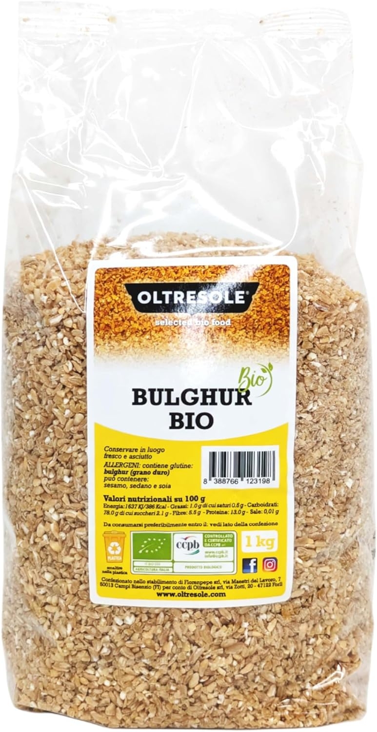 Oltresole - Bulghur Italiano Biologico 1 Kg - Cereale Integrale di Grano Duro, Grano Spezzato, Ideale per Preparare Tabuleh e Piatti di Cucina Mediorientale, Formato Famiglia