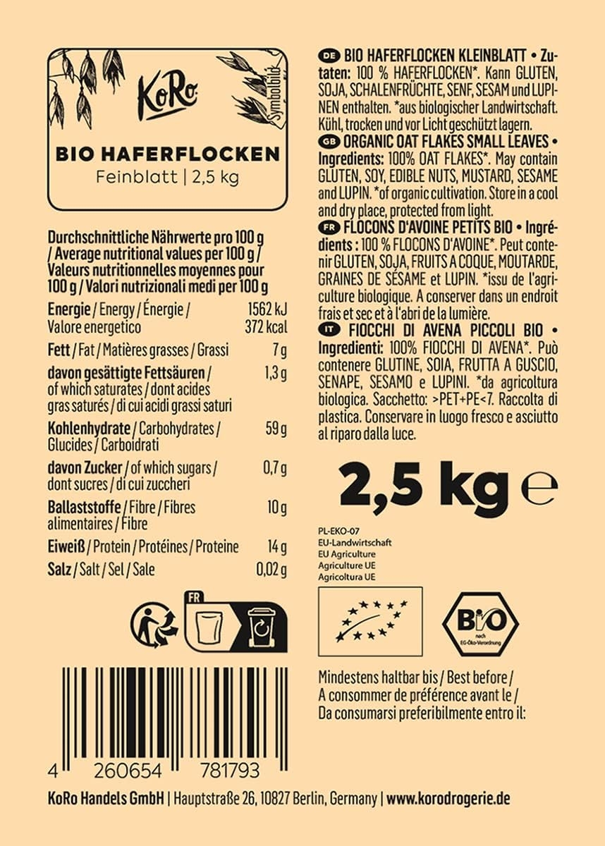 KoRo - Fiocchi d'avena piccoli bio | 2,5 kg - Fiocchi d'avena a foglia piccola - Qualità 100% biologica - Per muesli e porridge - Ricco di fibre - immagine 2