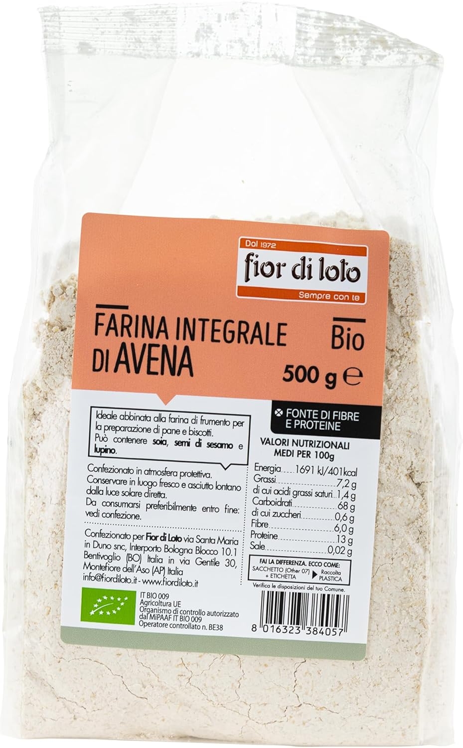 Fior di Loto Farina Integrale di Avena Biologico, 500g